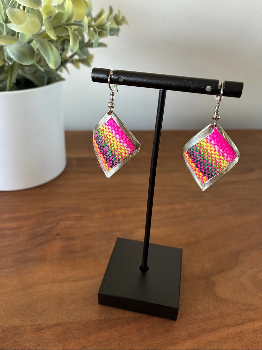 Handmade in Argentina Woven Textile & Alpaca Metal Earrings